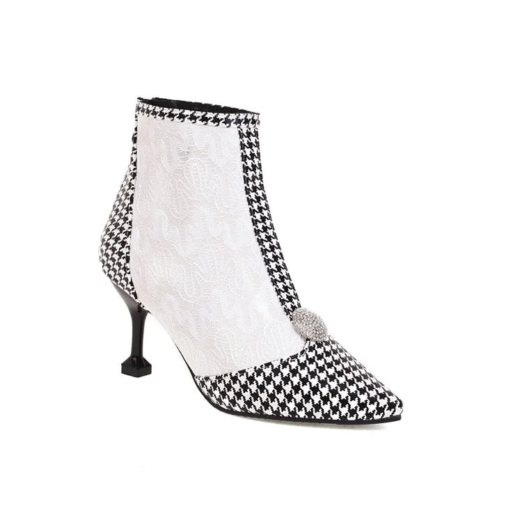 Women's Embossed Leather Stitch Patchwork Pointed Toe Stiletto Heel Short Boots