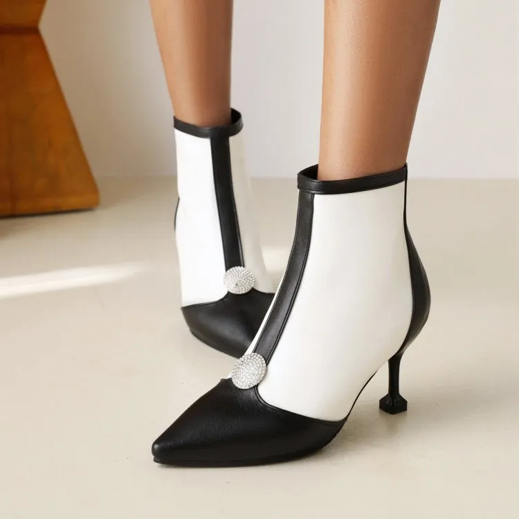 Women's Embossed Leather Stitch Patchwork Pointed Toe Stiletto Heel Short Boots