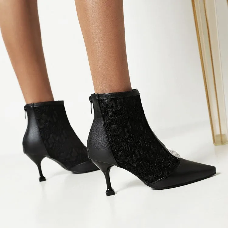 Women's Embossed Leather Stitch Patchwork Pointed Toe Stiletto Heel Short Boots