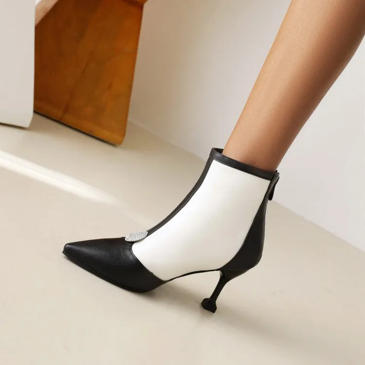 Women's Embossed Leather Stitch Patchwork Pointed Toe Stiletto Heel Short Boots