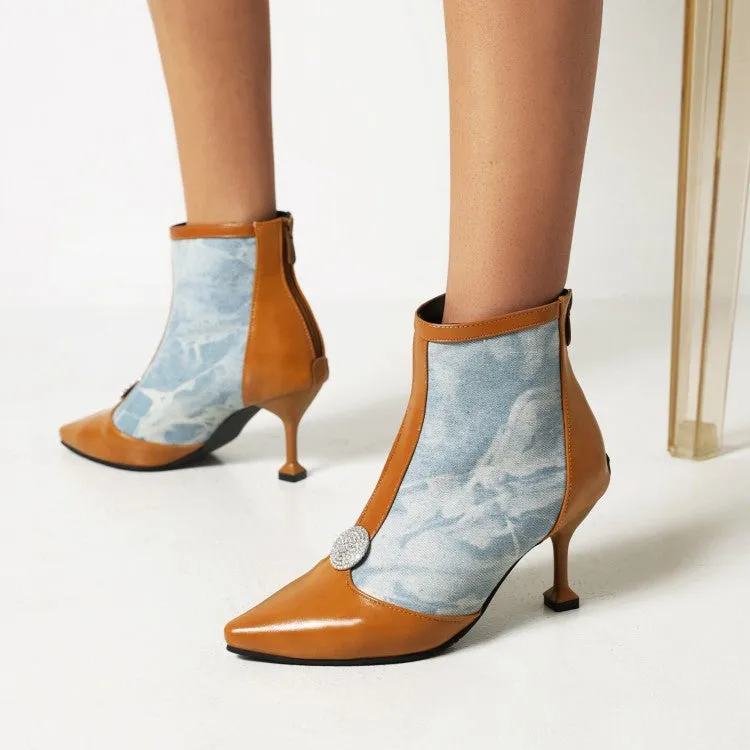 Women's Embossed Leather Stitch Patchwork Pointed Toe Stiletto Heel Short Boots