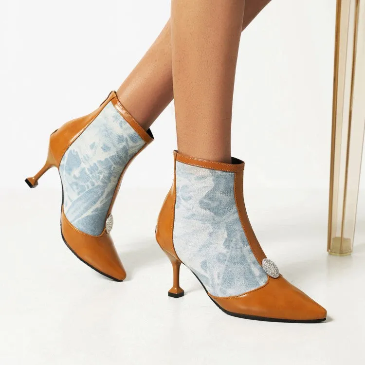 Women's Embossed Leather Stitch Patchwork Pointed Toe Stiletto Heel Short Boots
