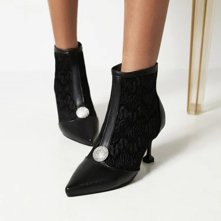 Women's Embossed Leather Stitch Patchwork Pointed Toe Stiletto Heel Short Boots