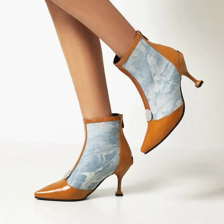 Women's Embossed Leather Stitch Patchwork Pointed Toe Stiletto Heel Short Boots