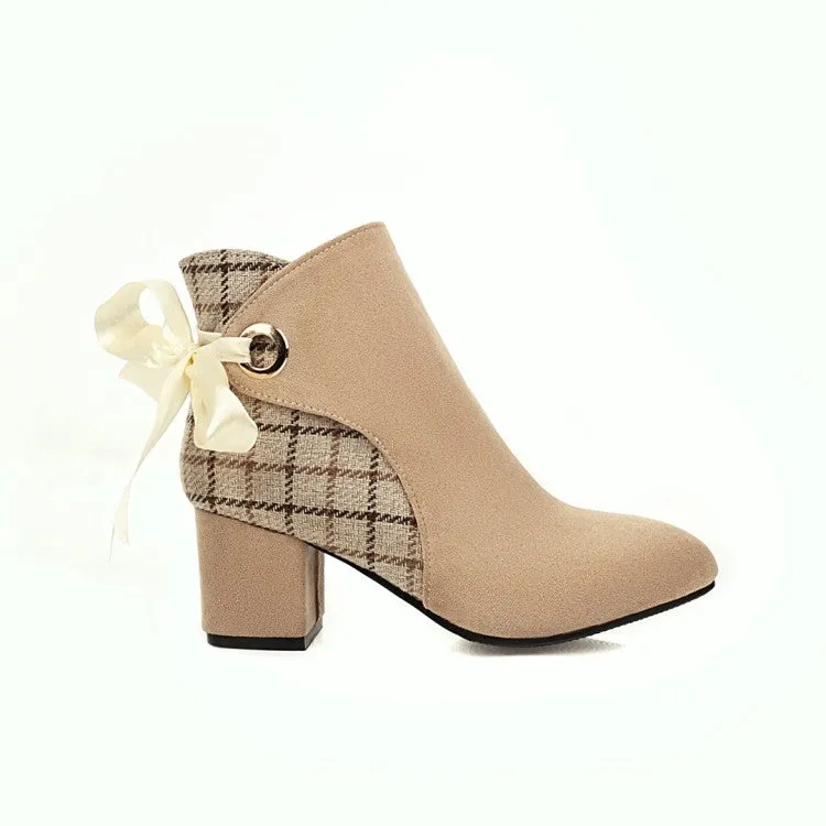 Women's Flock Lattice Patchwork Silk Tied Straps Block Chunky Heel Short Boots