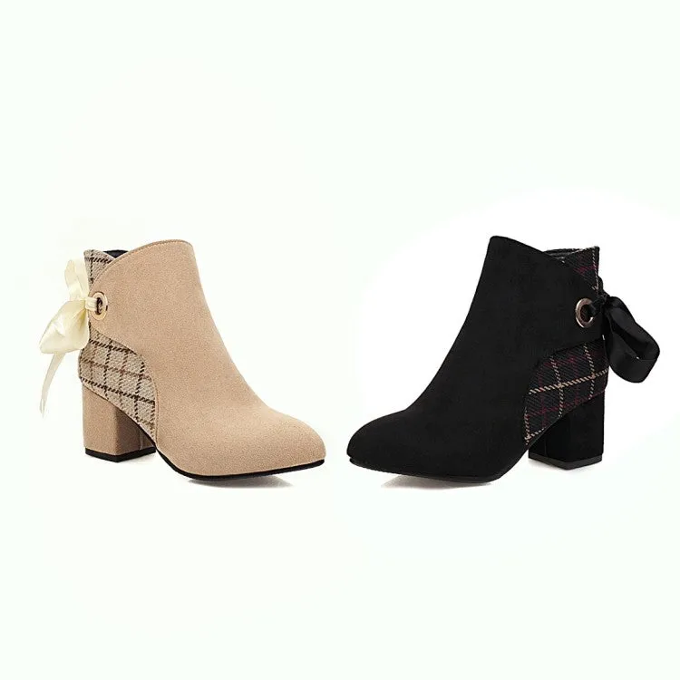 Women's Flock Lattice Patchwork Silk Tied Straps Block Chunky Heel Short Boots