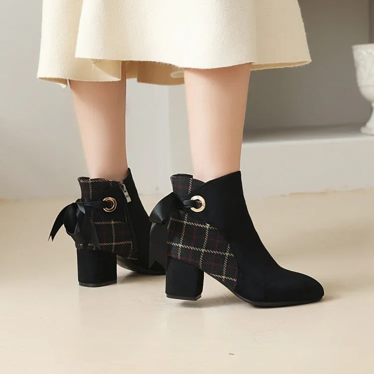 Women's Flock Lattice Patchwork Silk Tied Straps Block Chunky Heel Short Boots