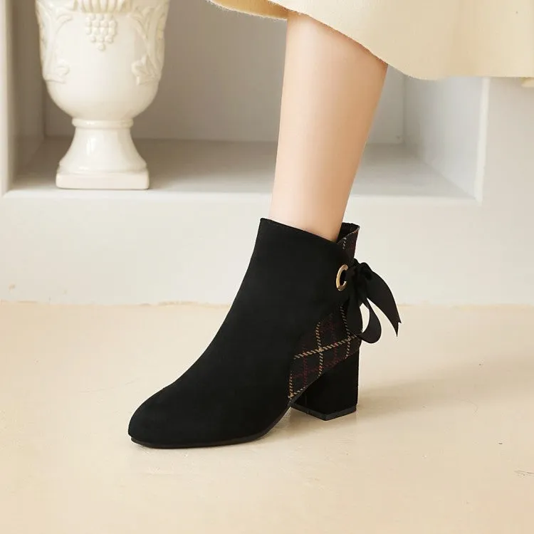 Women's Flock Lattice Patchwork Silk Tied Straps Block Chunky Heel Short Boots