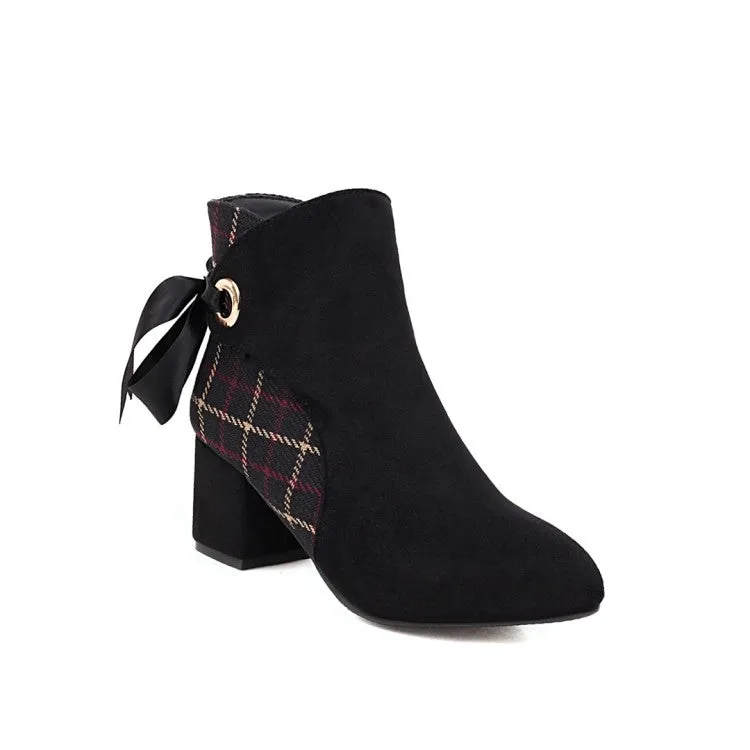 Women's Flock Lattice Patchwork Silk Tied Straps Block Chunky Heel Short Boots