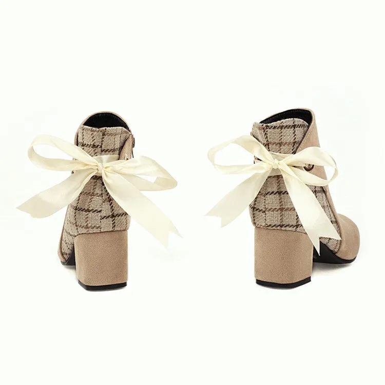 Women's Flock Lattice Patchwork Silk Tied Straps Block Chunky Heel Short Boots