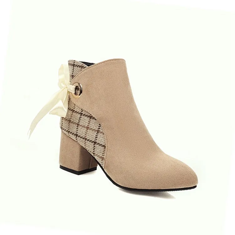 Women's Flock Lattice Patchwork Silk Tied Straps Block Chunky Heel Short Boots