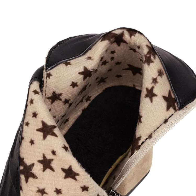 Women's Flock Lattice Patchwork Silk Tied Straps Block Chunky Heel Short Boots