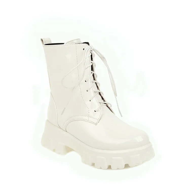 Women's Glossy Round Toe Lace-Up Side Zippers Block Chunky Heel Platform Short Boots
