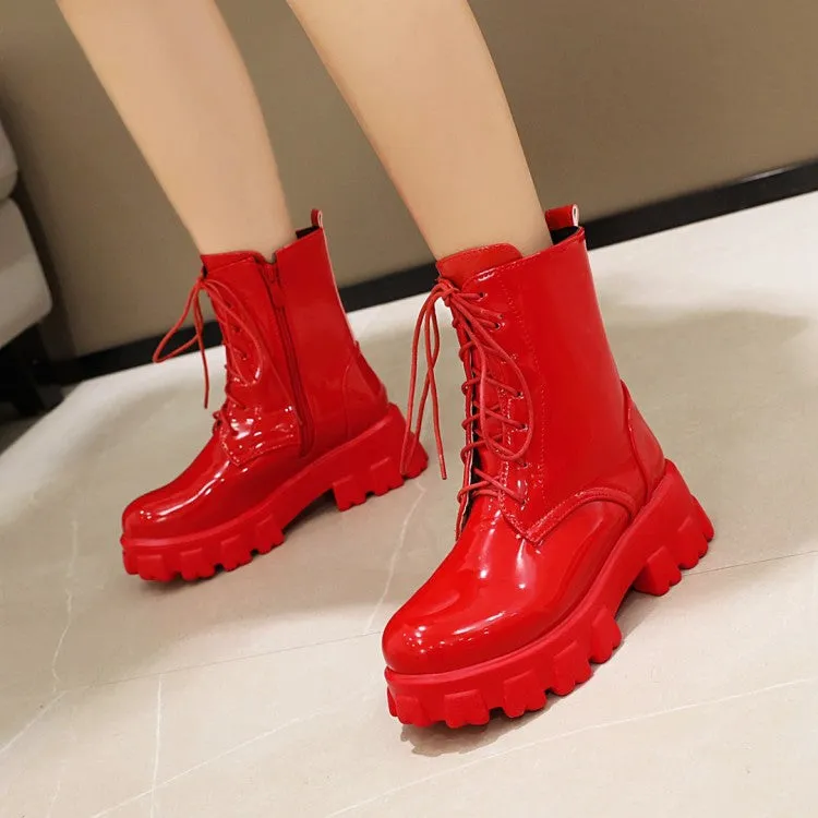 Women's Glossy Round Toe Lace-Up Side Zippers Block Chunky Heel Platform Short Boots
