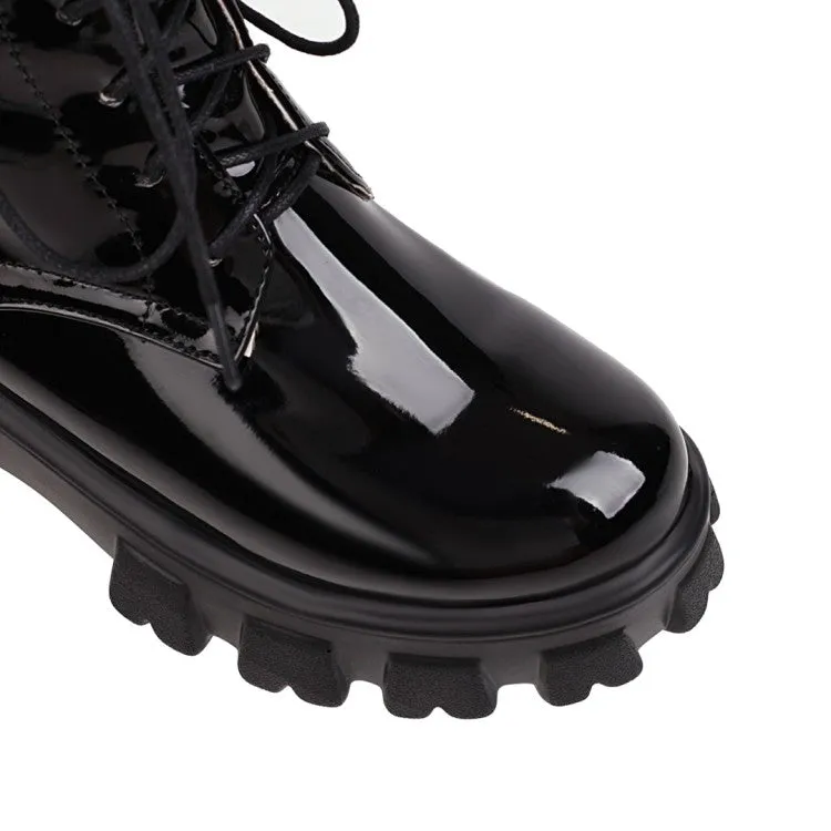 Women's Glossy Round Toe Lace-Up Side Zippers Block Chunky Heel Platform Short Boots