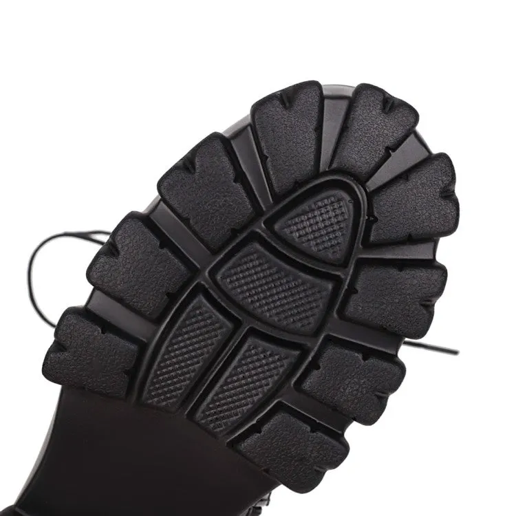 Women's Glossy Round Toe Lace-Up Side Zippers Block Chunky Heel Platform Short Boots