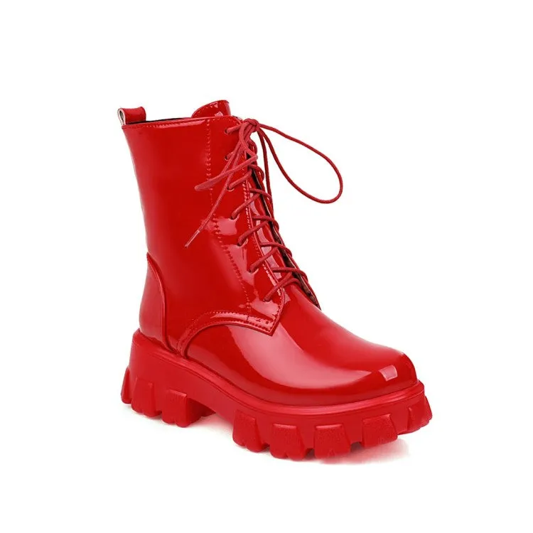 Women's Glossy Round Toe Lace-Up Side Zippers Block Chunky Heel Platform Short Boots