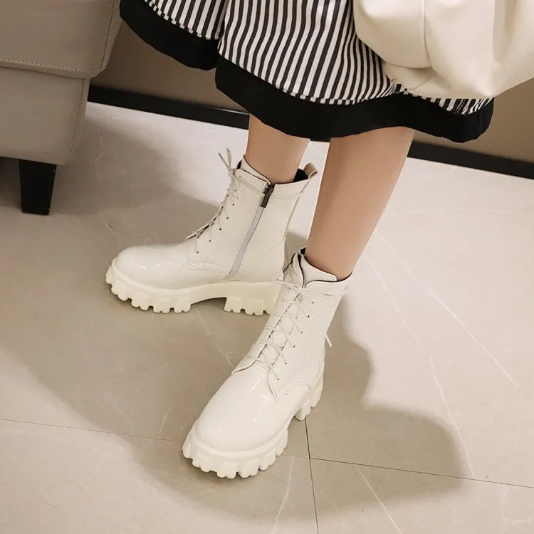 Women's Glossy Round Toe Lace-Up Side Zippers Block Chunky Heel Platform Short Boots