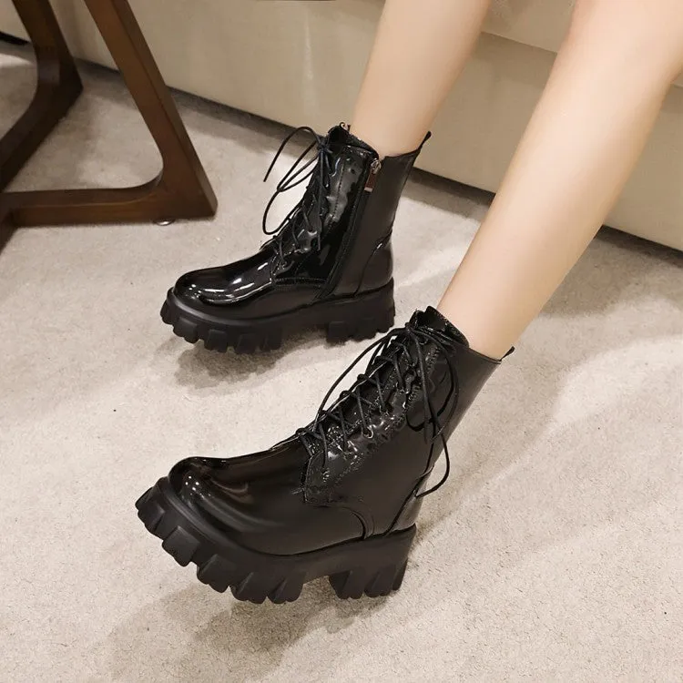 Women's Glossy Round Toe Lace-Up Side Zippers Block Chunky Heel Platform Short Boots