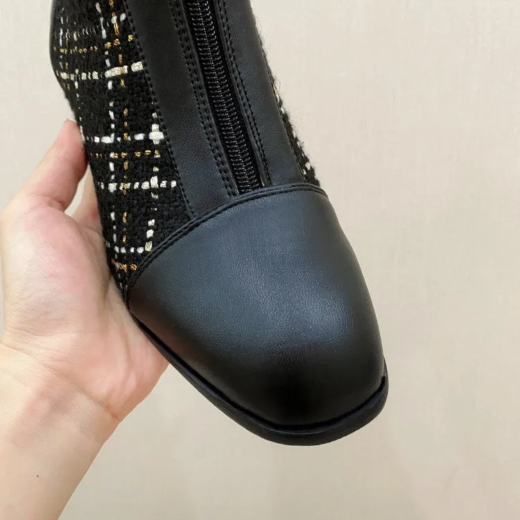Women's Pu Leather Lattice Patchwork Zippers Block Heel Short Boots