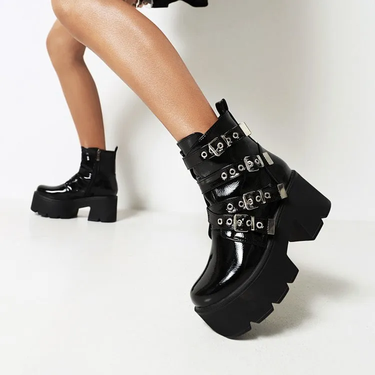 Women's Round Toe Buckle Straps Block Heel Platform Short Boots