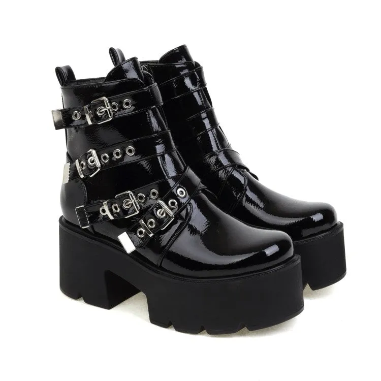 Women's Round Toe Buckle Straps Block Heel Platform Short Boots