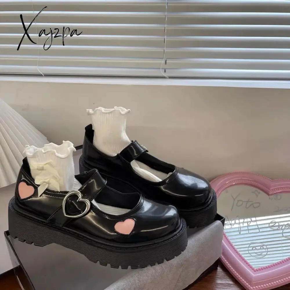 Xajzpa - Pink Heart Patchwork Women Lolita Shoes British Style Fashion E Girl Mary Janes Autumn PU Buckle Platform Zapatillas Mujer