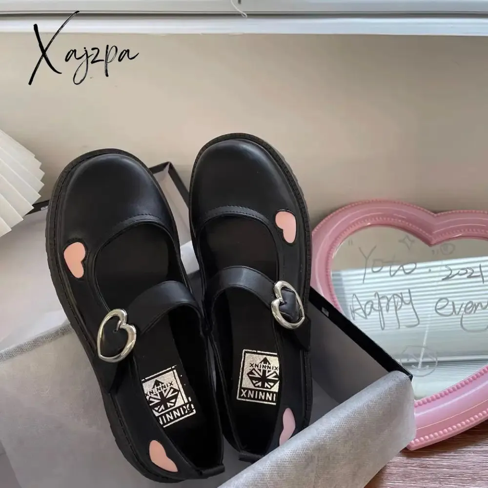 Xajzpa - Pink Heart Patchwork Women Lolita Shoes British Style Fashion E Girl Mary Janes Autumn PU Buckle Platform Zapatillas Mujer