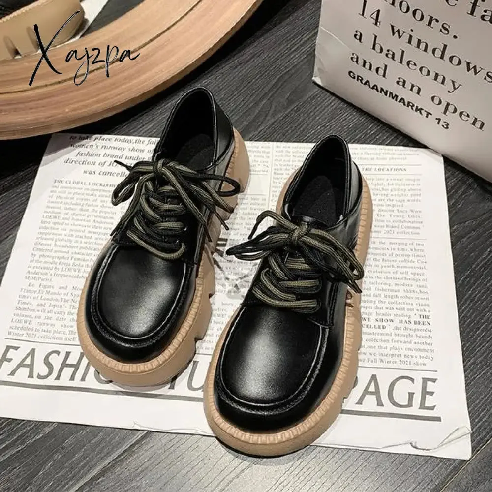 Xajzpa - Round Toe Shoes Woman Flats Clogs Platform Dress Cross Summer New Creepers PU Spring Med Cross-tied Basic Rubber Cross Women's S