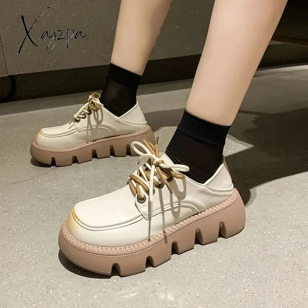 Xajzpa - Round Toe Shoes Woman Flats Clogs Platform Dress Cross Summer New Creepers PU Spring Med Cross-tied Basic Rubber Cross Women's S