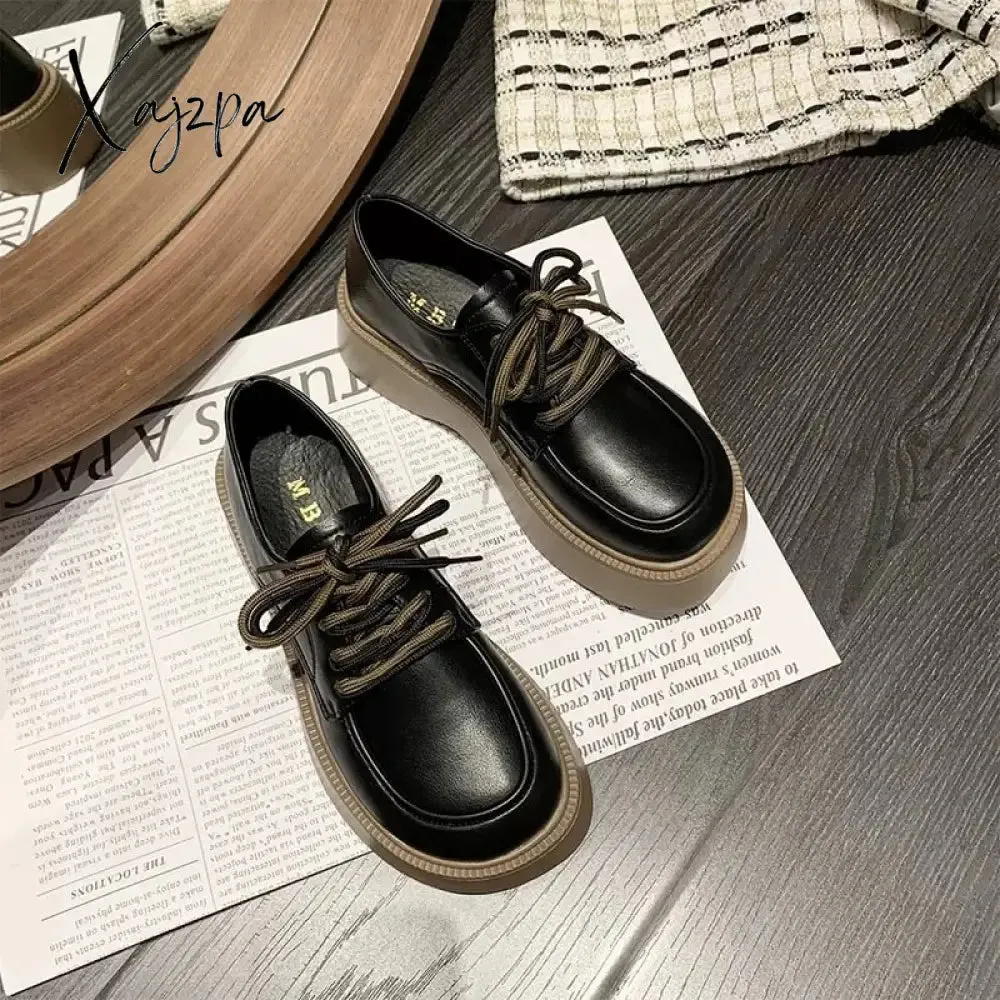 Xajzpa - Round Toe Shoes Woman Flats Clogs Platform Dress Cross Summer New Creepers PU Spring Med Cross-tied Basic Rubber Cross Women's S