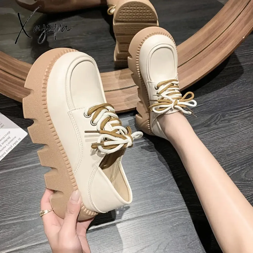 Xajzpa - Round Toe Shoes Woman Flats Clogs Platform Dress Cross Summer New Creepers PU Spring Med Cross-tied Basic Rubber Cross Women's S