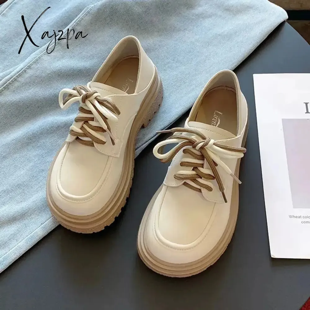 Xajzpa - Round Toe Shoes Woman Flats Clogs Platform Dress Cross Summer New Creepers PU Spring Med Cross-tied Basic Rubber Cross Women's S