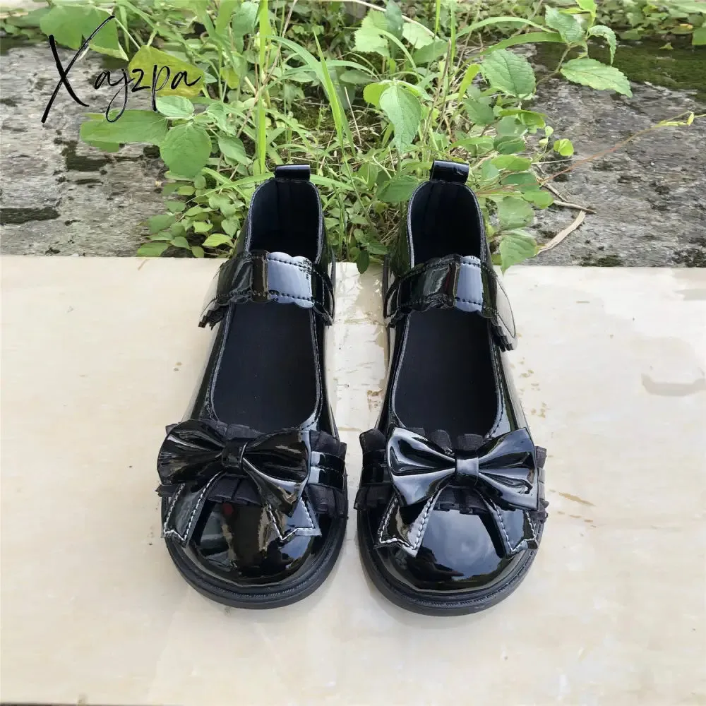 Xajzpa - Spring Women Lolita Shoes Kawaii Cheap Japanese Style Lace Patchwork Bow Hook Loop Mary Janes Girls Students Solid Footwear