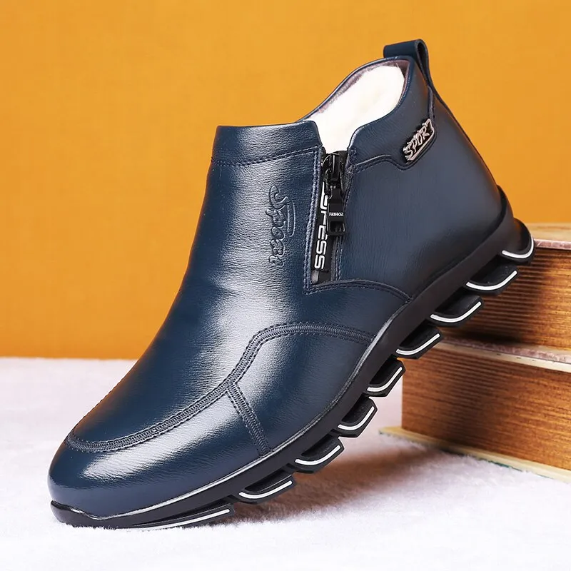 Yeknu Winter Men's Split Leather Sheep Fur Boots Blade Sole Thickened Anti-Slip Leisure Shoes New Luxury Fashion Wool Ankle Boot
